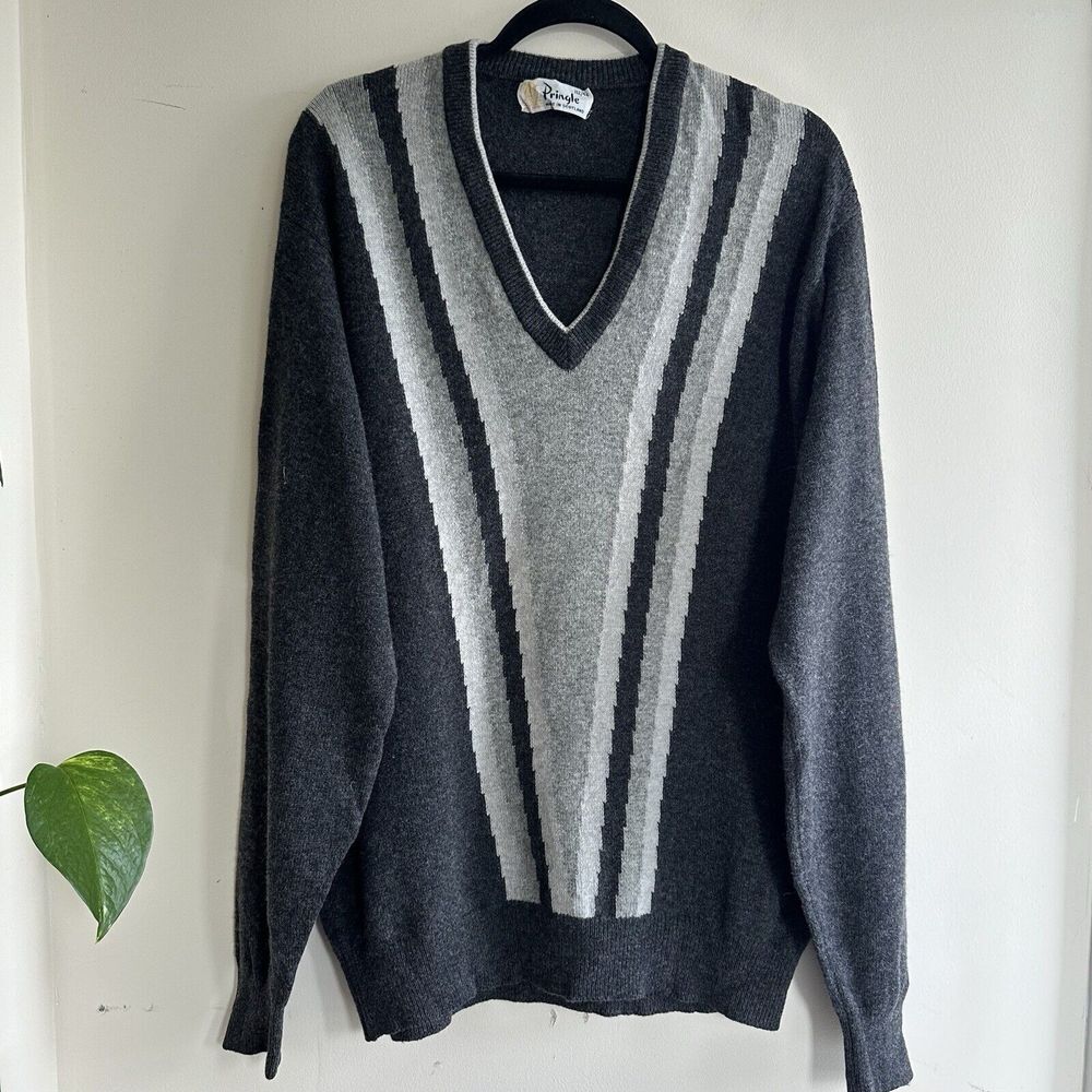 Vintage Pringle Scotland Lambswool Sweater Jumper L 44" V neck Striped Grey Golf